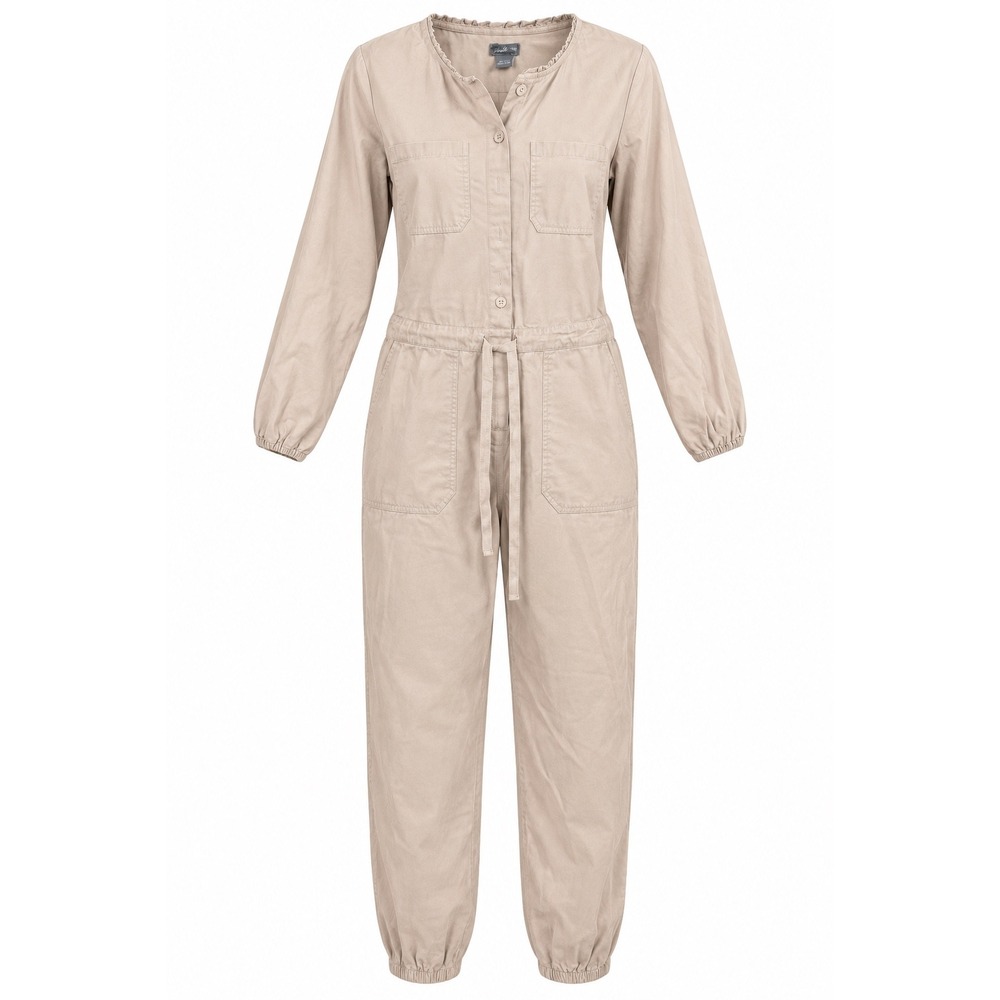 Aerie Cotton Utility Jumpsuit Long Sleeve Ruffle Neck Tan Beige XS